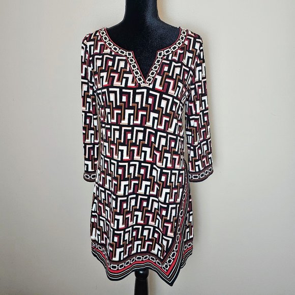 White House Black Market Geo Print Tunic Dress Split Neck V-Neck - Picture 1 of 3